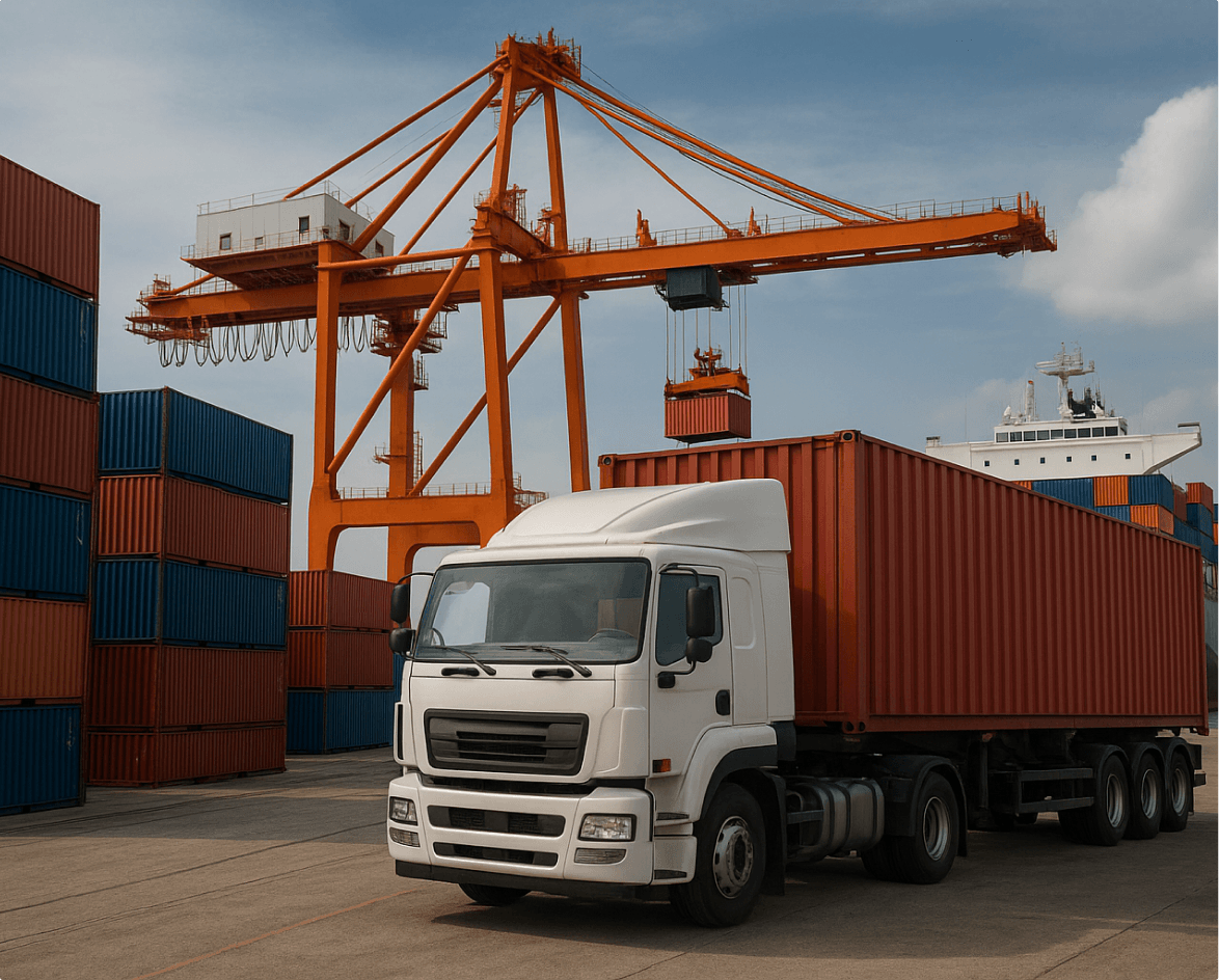 Container shipping port with truck and cranes for large-scale import operations